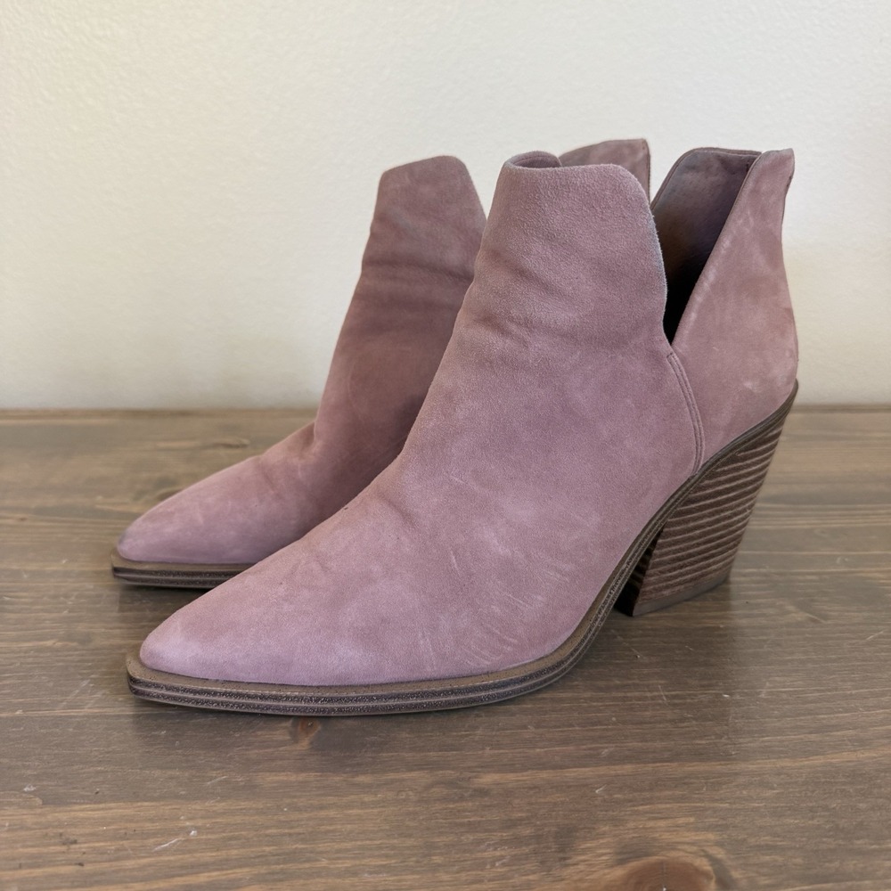 Vince Camuto 9.5 Pink Suede Leather Block Heel Ankle Gigietta Booties Zipper